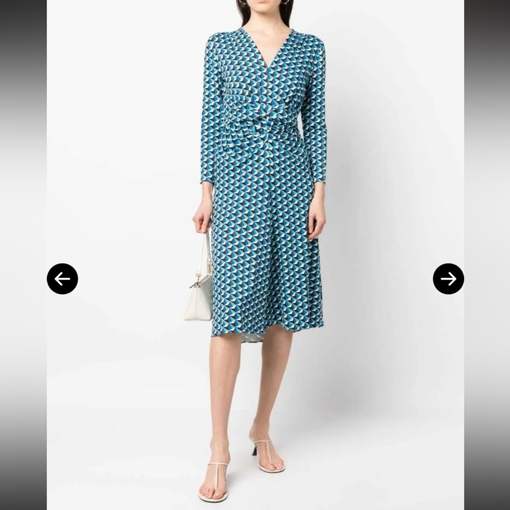 Diane Von Furstenberg Teal & White Geometric Wrap Midi Dress